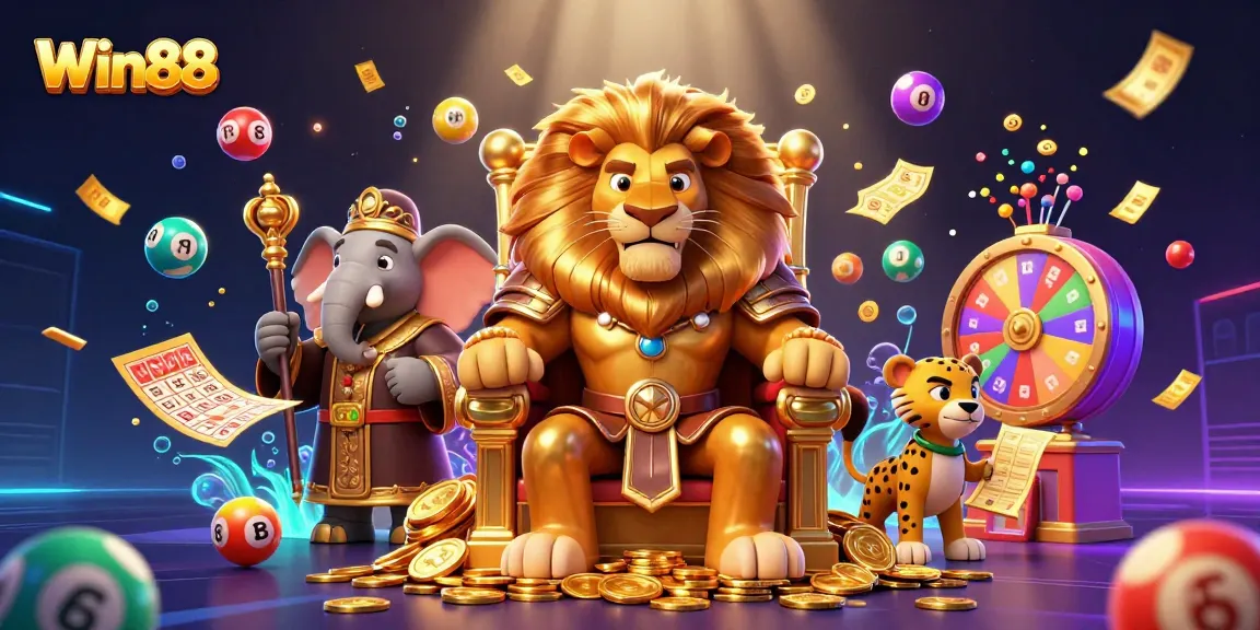Win88 features a vibrant scene with a lion king, elephant advisor, and cheetah messenger surrounded by dynamic lottery elements.