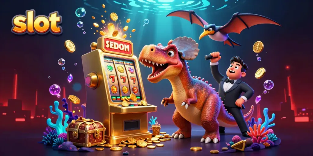Kura-kura 3D menyerang mesin slot emas, manajer kasino panik, dan pterosaurus menangkap koin emas terbang, menggambarkan momen jackpot.