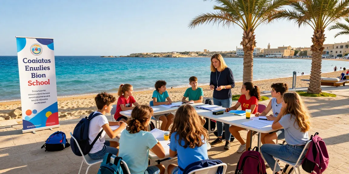 Cours d'anglais à Malte avec des étudiants apprenant en plein air sur une plage ensoleillée, ambiance vivante et interactions joyeuses.