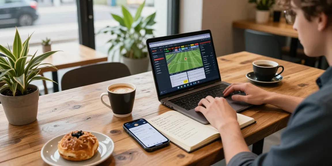 Funexchange user analyzing live sports betting on a laptop with a crypto wallet app in a cozy coffee shop.