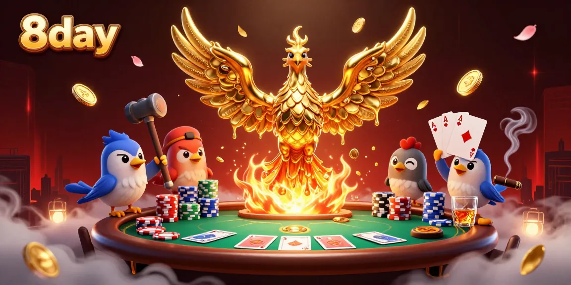 8day players enjoy thrilling casino games surrounded by a molten phoenix, poker chips, and cards.