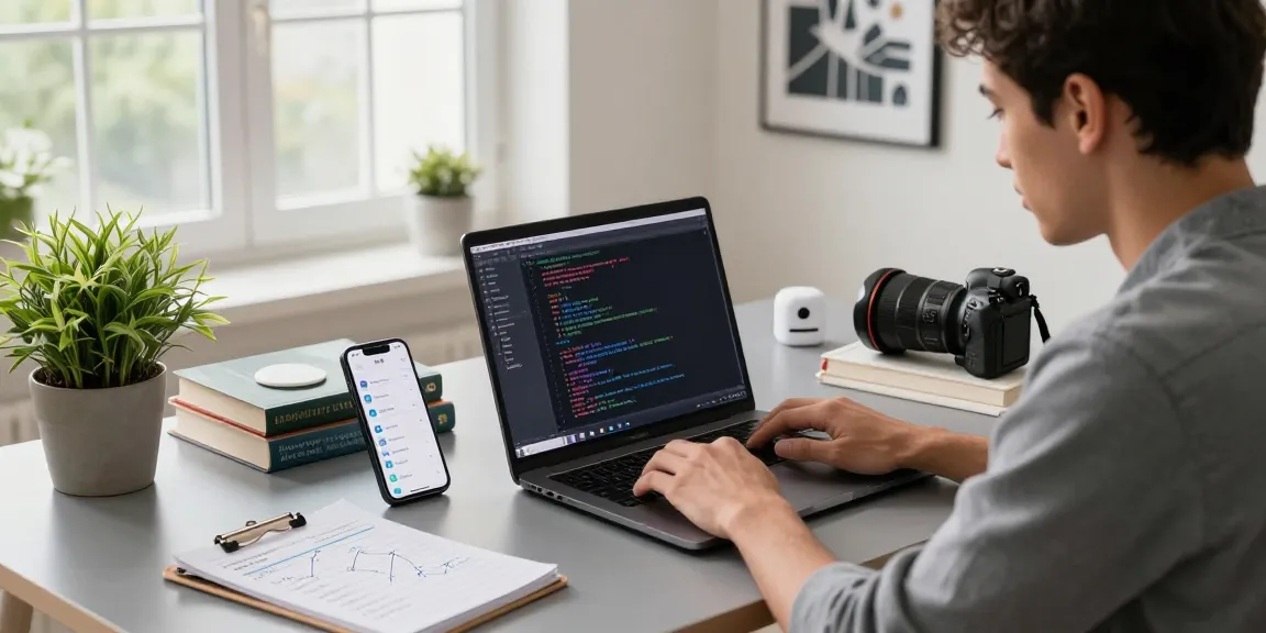 快连 user enjoying high-speed networking in a sleek home office setup with coding projects on display.