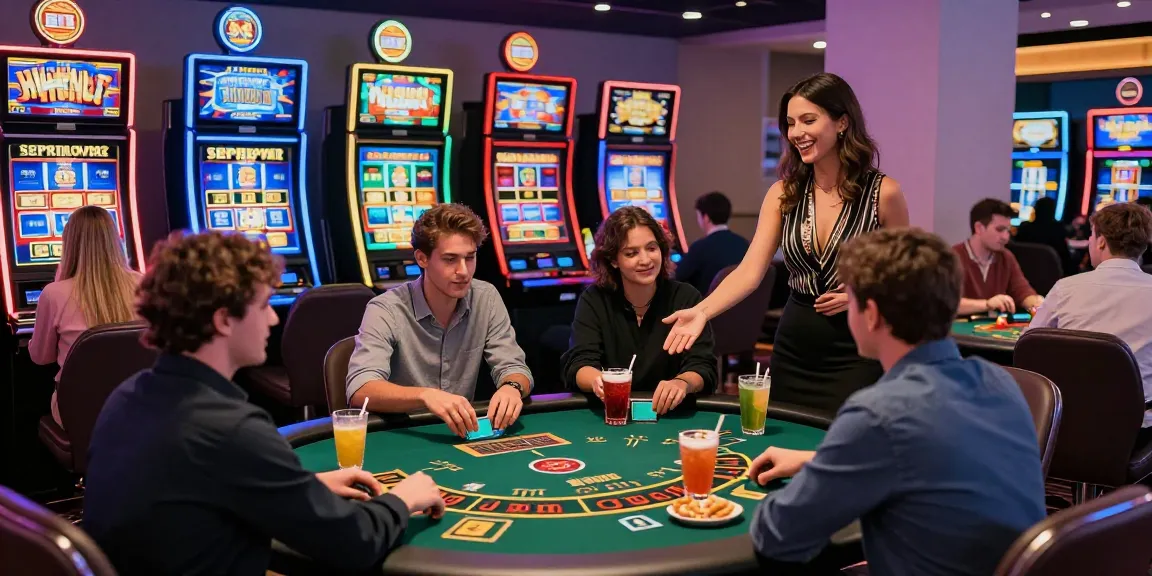 Scène dynamique de casino en ligne avec des joueurs profitant des jeux et d'une ambiance vibrante.
