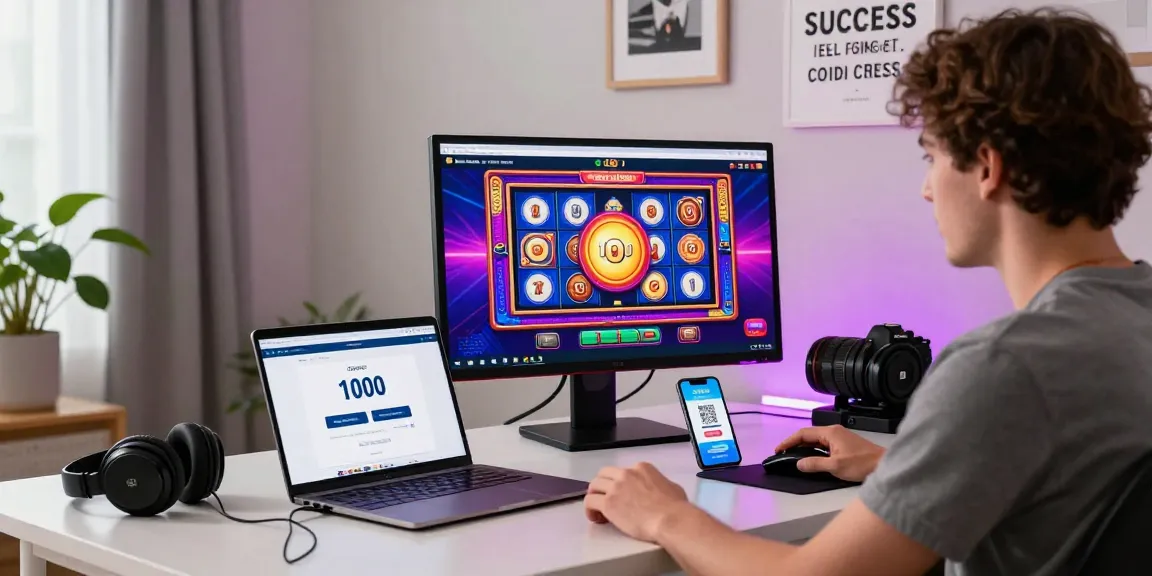 Excited player enjoying online slot deposit 1000 experience with colorful slot machine display and QRIS payment on smartphone.