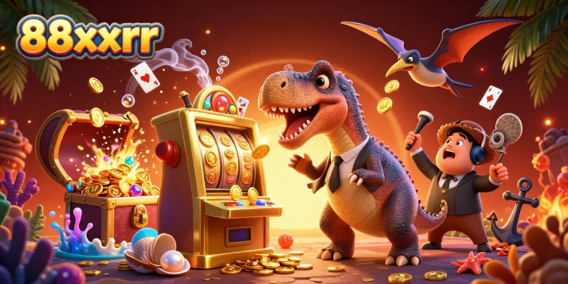 88xxrr cartoon scene of winning at a slot machine with characters celebrating and gold coins flying