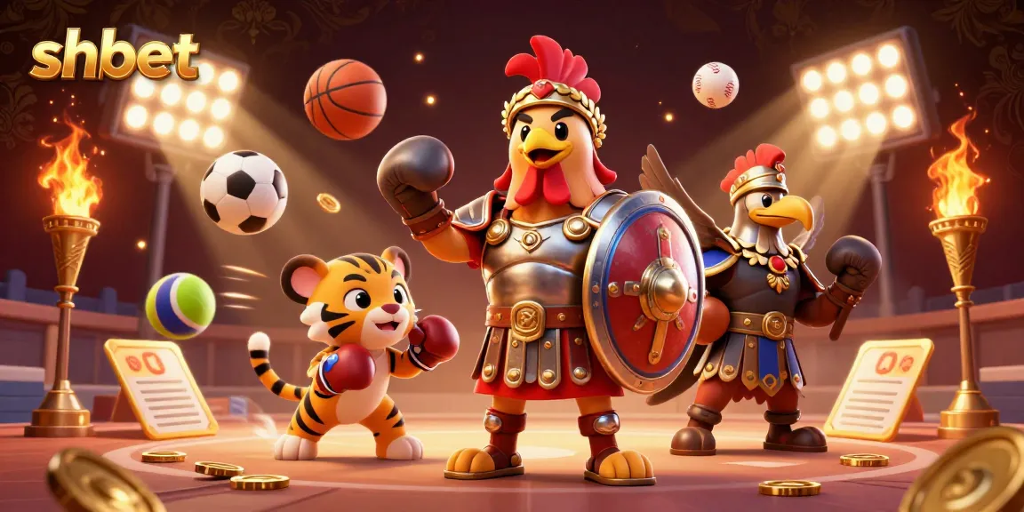 Experience thrilling action at shbet with a gladiator rooster and sports elements in an exciting casino scene.