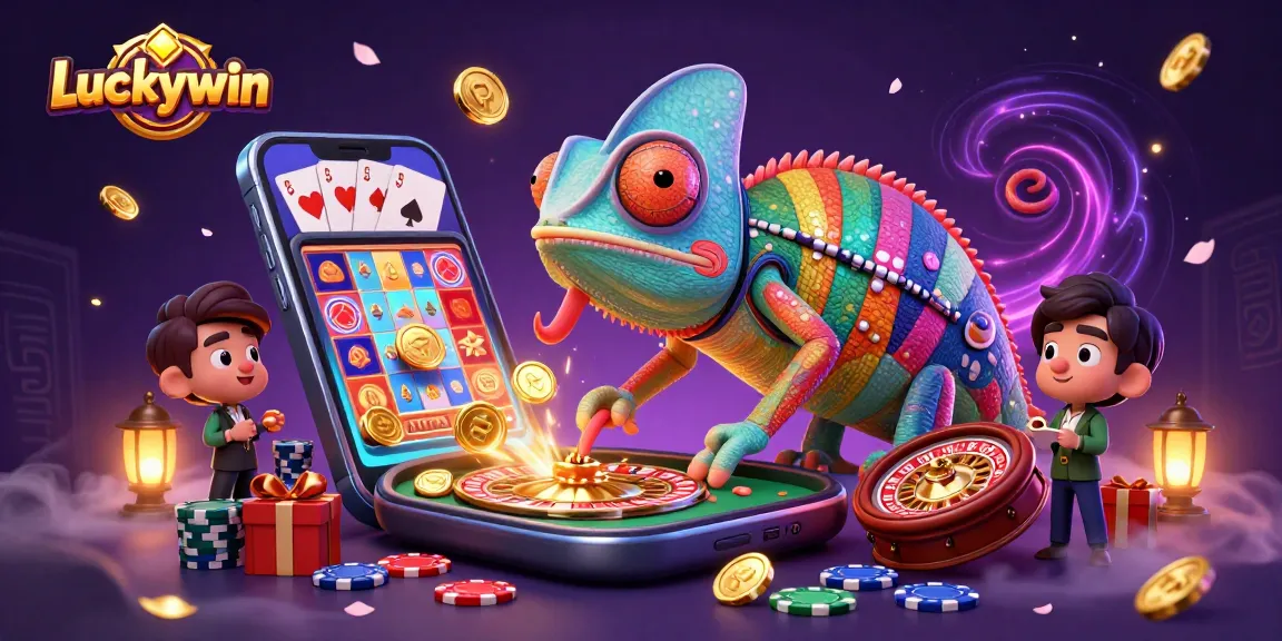 Experience Luckywin's vibrant casino world filled with thrill and excitement through a colorful 3D chameleon owner.