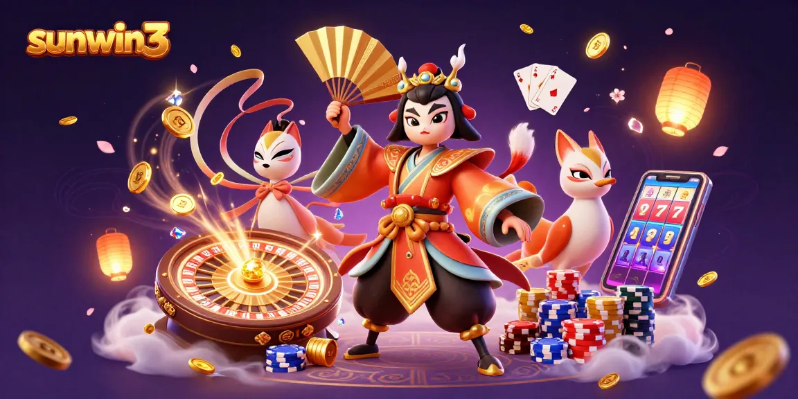 Cascade golden coins and gems as characters engage in thrilling games at sunwin3 casino.
