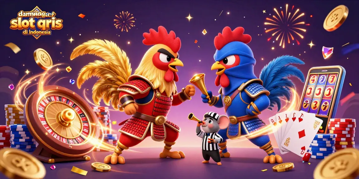 Experience the dampak negatif slot qris di indonesia as twin roosters face off amidst cascading gold coins and vibrant casino elements.