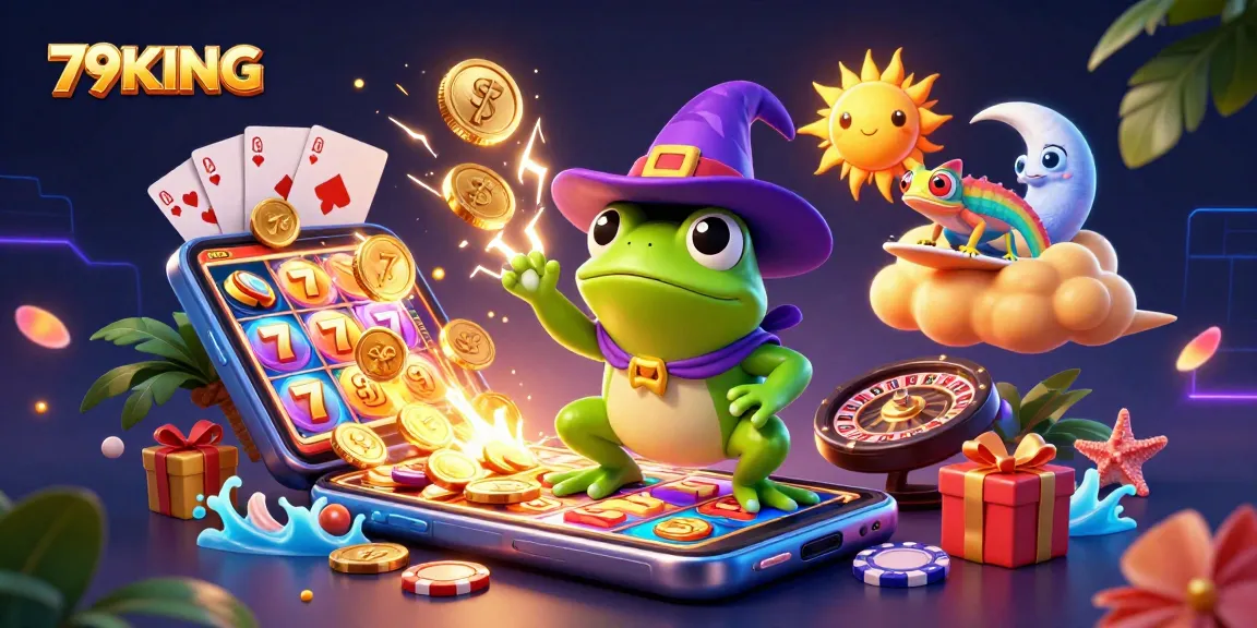 Experience thrilling gaming action with 79KING as the wizard frog summons golden coins in a vibrant casino scene.