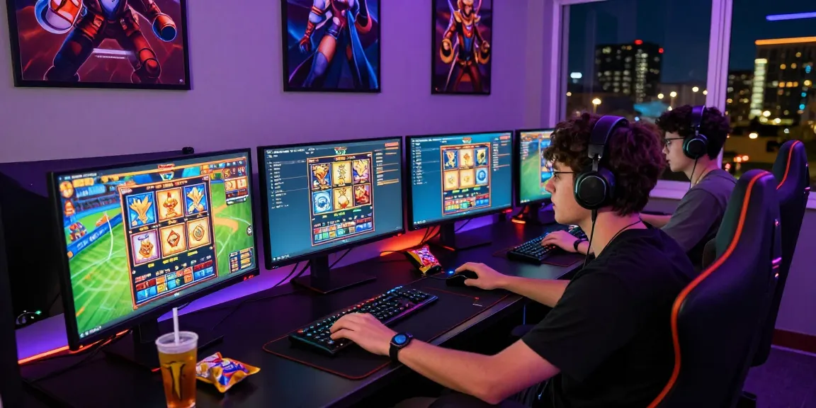 Engaged gamer playing online games focused on login raja328 interface, colorful monitors and snacks around.