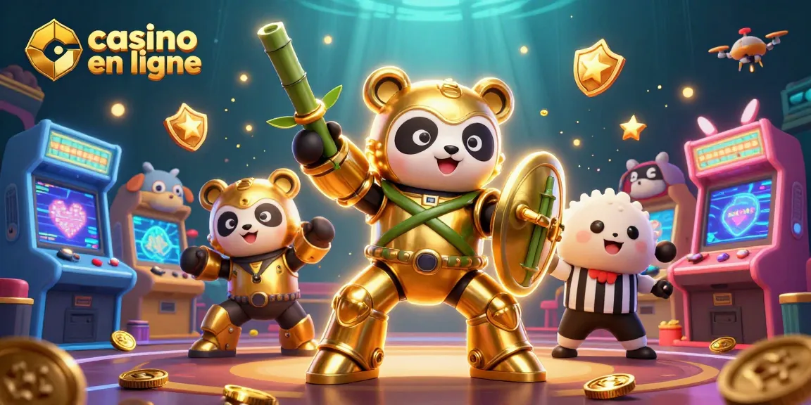 Découvrez les jeux de casino en ligne captivants avec un panda doré en armure maillant un robot dans un décor vibrant