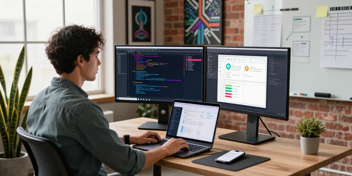 快连 developer working at a modern workspace with dual monitors showing coding and design elements.