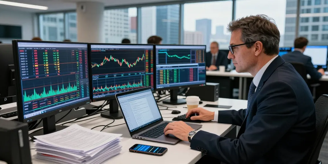 Dynamic trading floor with a trader analyzing spot gold real-time API data on multiple screens amid a city skyline.