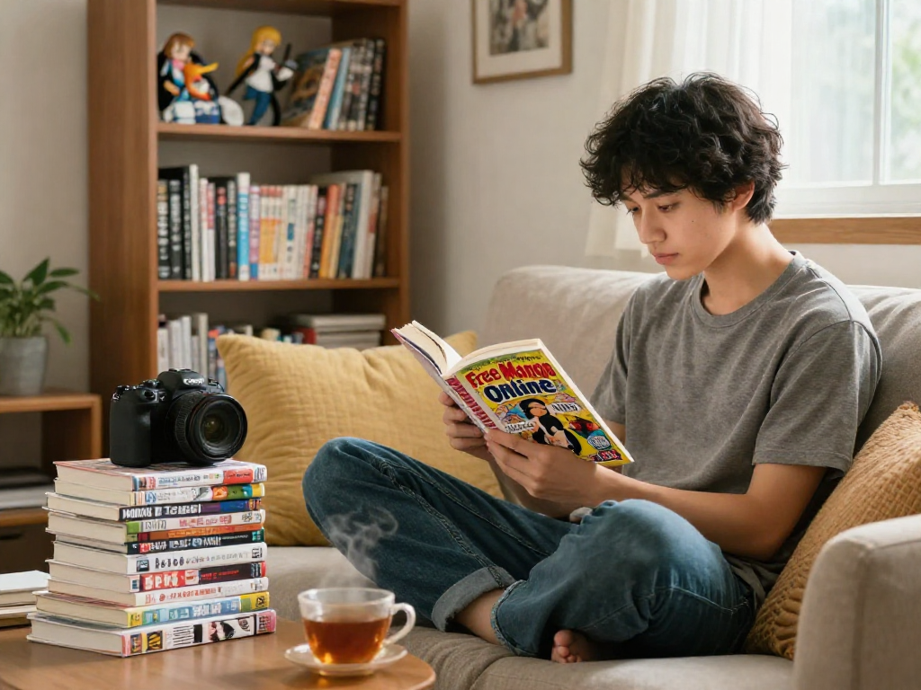 Reading "Free Manga Online" in a cozy living room, surrounded by colorful manga books and collectibles.