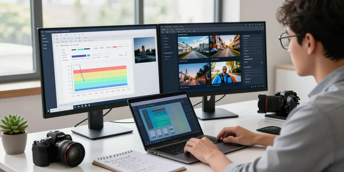 AI detector analysis in a modern tech workspace with dual screens and focused analyst.