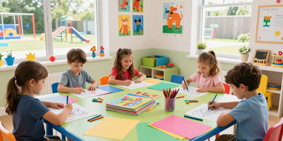 Children enjoying creative Pages for kids activities in a bright art corner.