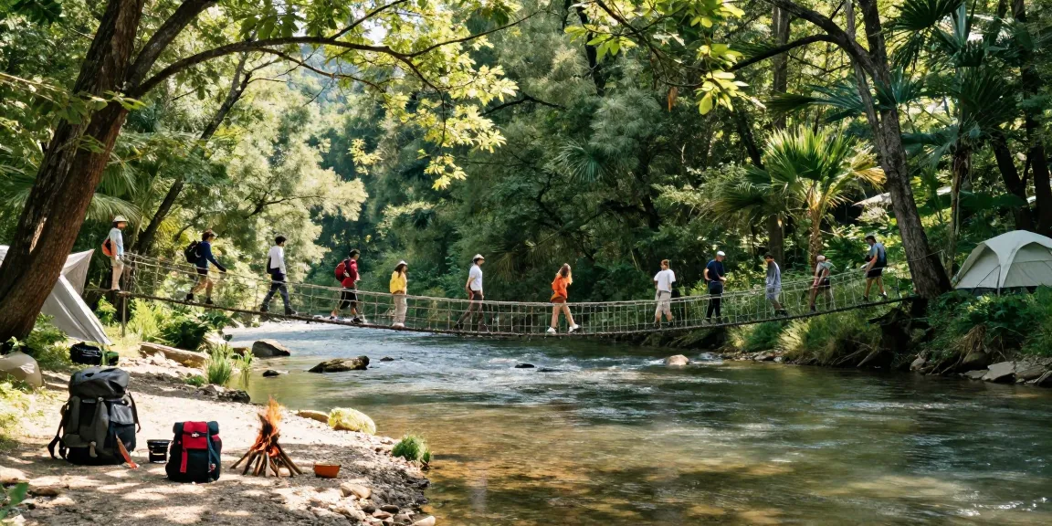 Adventurers crossing a sturdy river rope bridge surrounded by lush forest, capturing the essence of outdoor exploration.