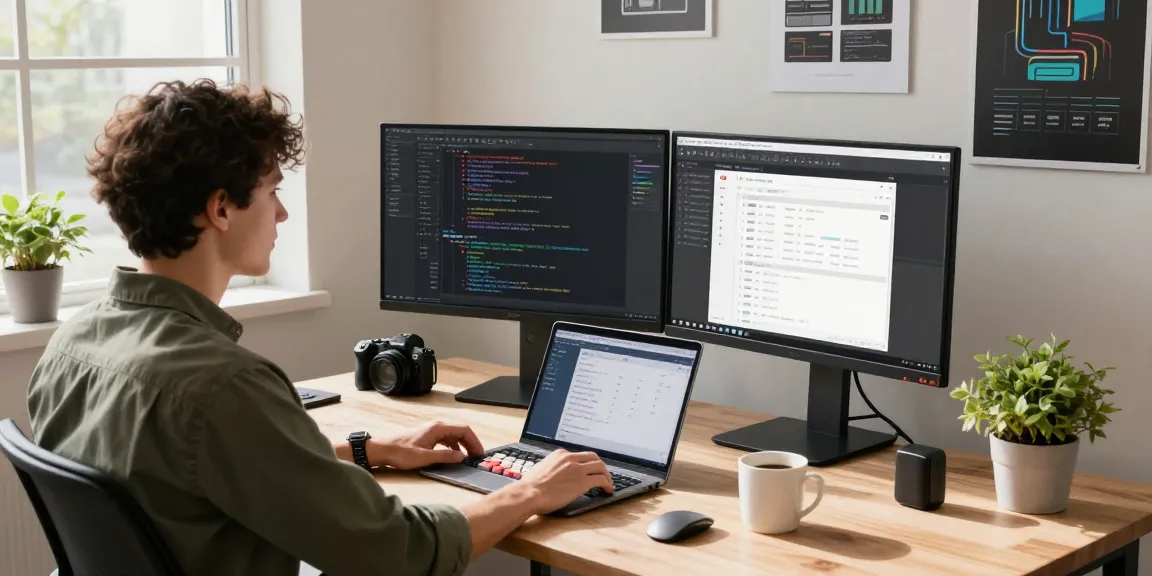 Developer's workspace showcasing coding and app design at teiegramin.com with a modern and creative atmosphere.