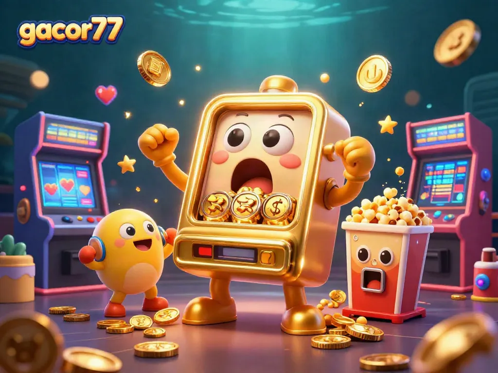 Gacor77 menampilkan mesin slot emas ceria yang mengeluarkan koin saat jackpot, dikelilingi mesin slot kecil!
