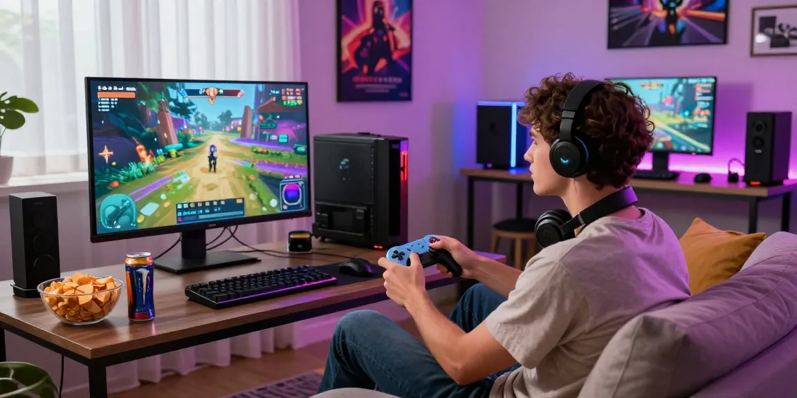 Engaged gamer playing on 7meter platform with vibrant graphics and cozy room ambiance.