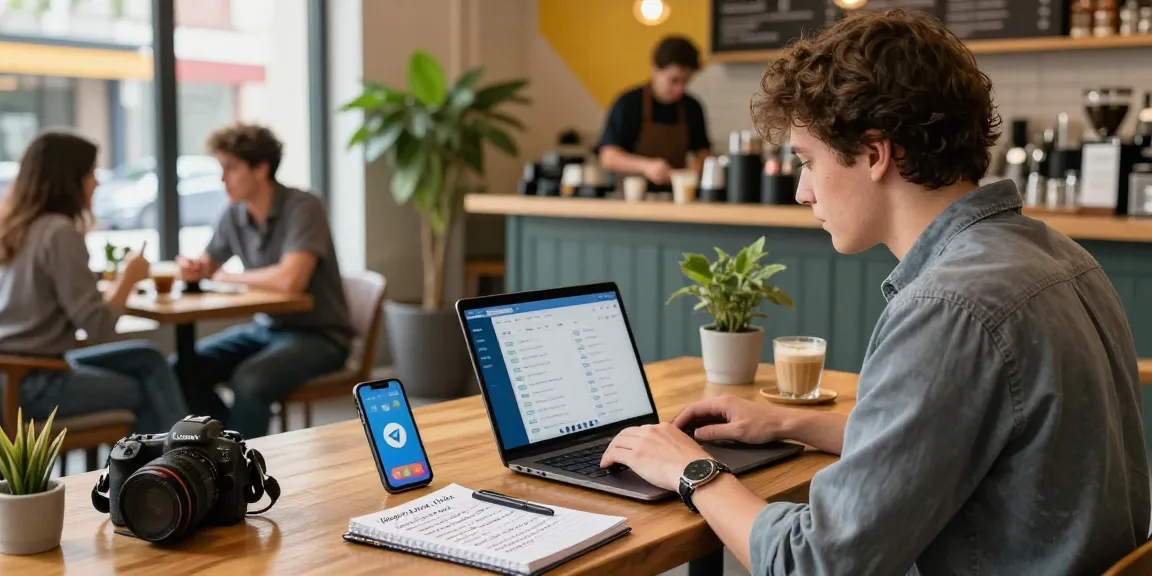 Young professional using Telegram blocked in China while working remotely at a café, surrounded by tech gadgets.
