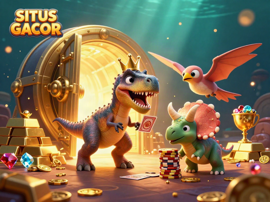 Engaging scene with friendly dino characters celebrating at SITUS GACOR casino, showcasing vibrant slot elements and gold