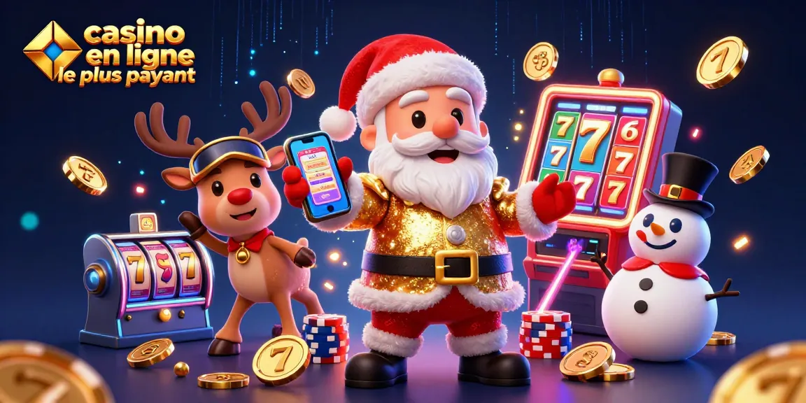Découvrez le casino en ligne le plus payant avec Santa et ses amis dans cette illustration dynamique remplie d'éléments de jeu.