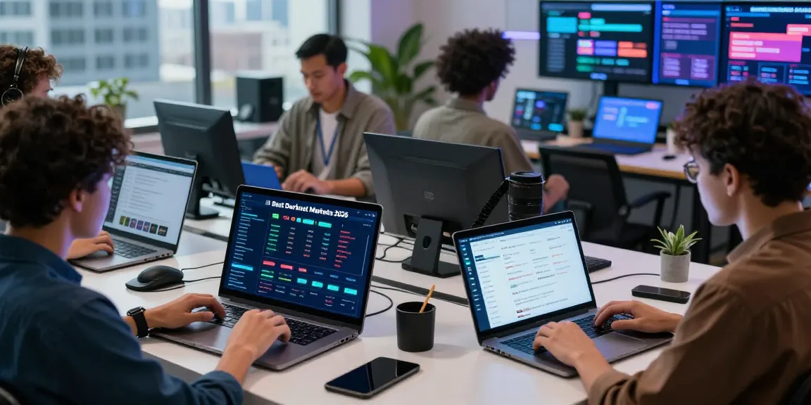 Engaged users showcasing the Best Darknet Markets 2026 in a high-tech workspace, discussing secure transactions.