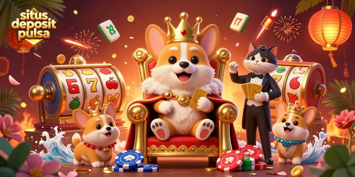 Situs deposit pulsa with a lively 3D cartoon scene of a royal corgi on poker chips, emphasizing gaming excitement.