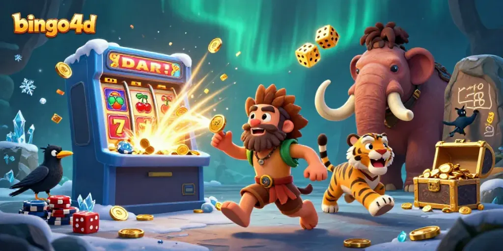 Gambol bingo4d yang menyenangkan dengan karakter gua dan simulator slot berlapis, penuh warna dan efek gemerlap.
