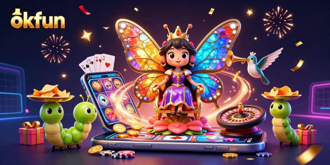 Spin and win at okfun with a lively 3D illustration of a casino scene filled with vibrant characters and games.