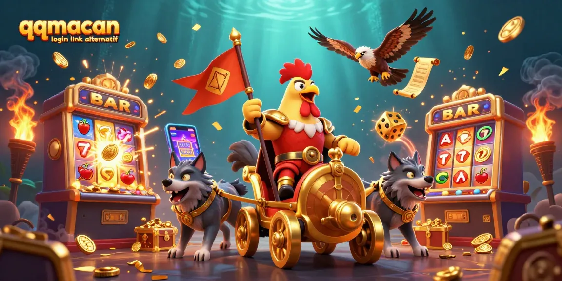 Spin to win with the qqmacan login link alternatif, featuring colorful slot elements and a dynamic casino scene.
