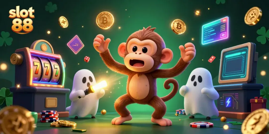 Engage in the excitement of slot 88 in a haunted casino scene with vibrant characters.
