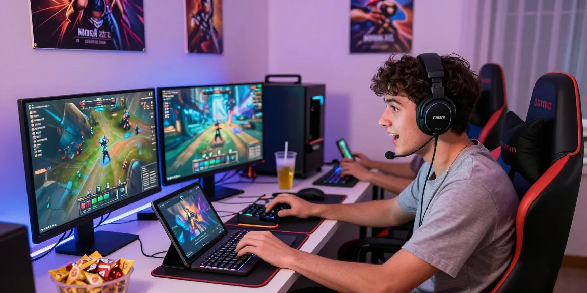 NAGA2000 gaming room scene featuring enthusiastic players on laptop and smartphone, highlighting iGaming excitement.