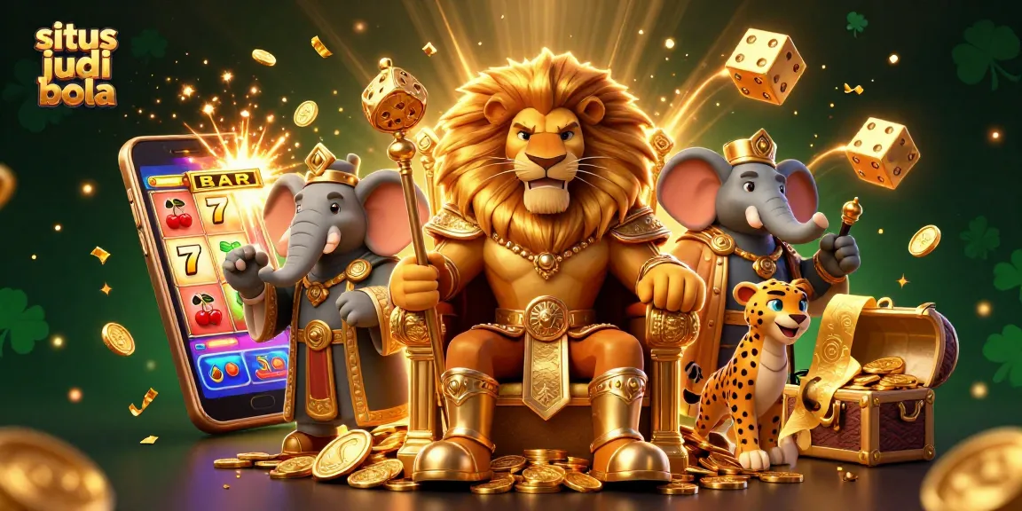 Engage with situs judi bola, featuring a lion king, slot machine, and dynamic action elements.