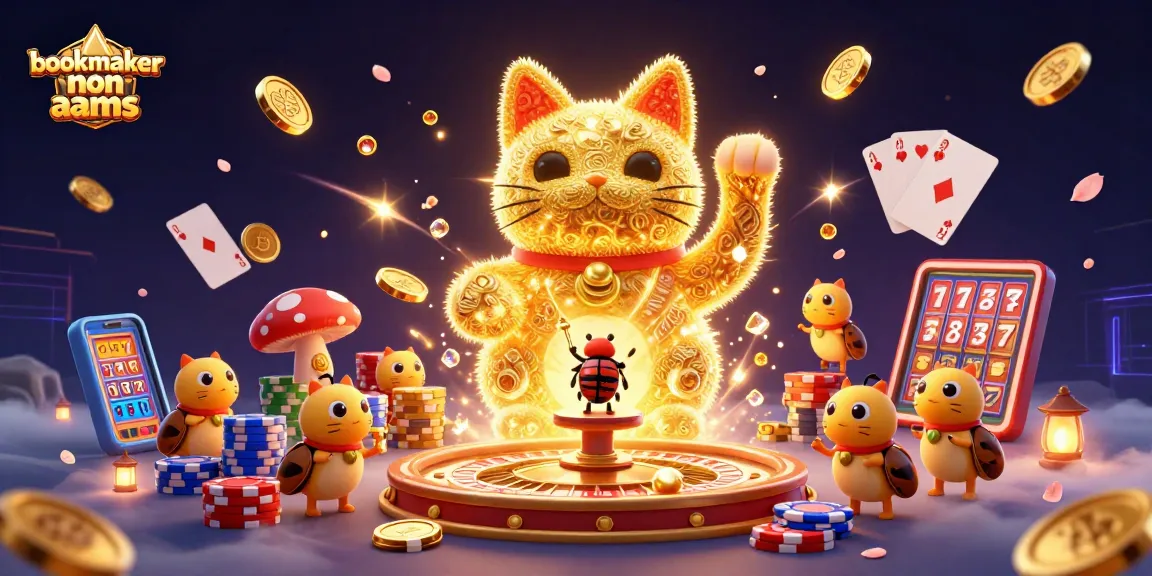 Gioca con i bookmaker non AAMS in un'illustrazione 3D vivace e colorata con gatti fortunati, simboli casinò e monete dorate.
