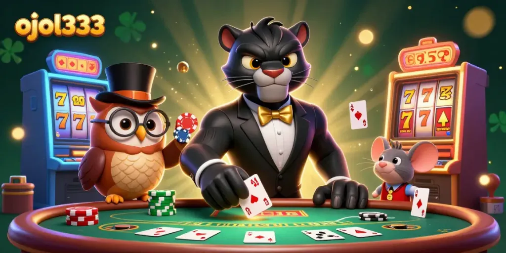 Engage in thrilling casino action with ojol333 featuring a stylish panther, owl, and lucky mouse.
