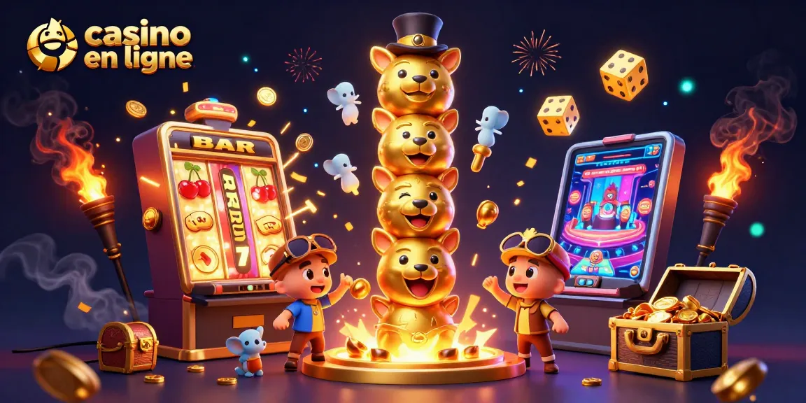 Jouez à casino en ligne avec un totem animé entouré de machines à sous et de trésors étincelants.