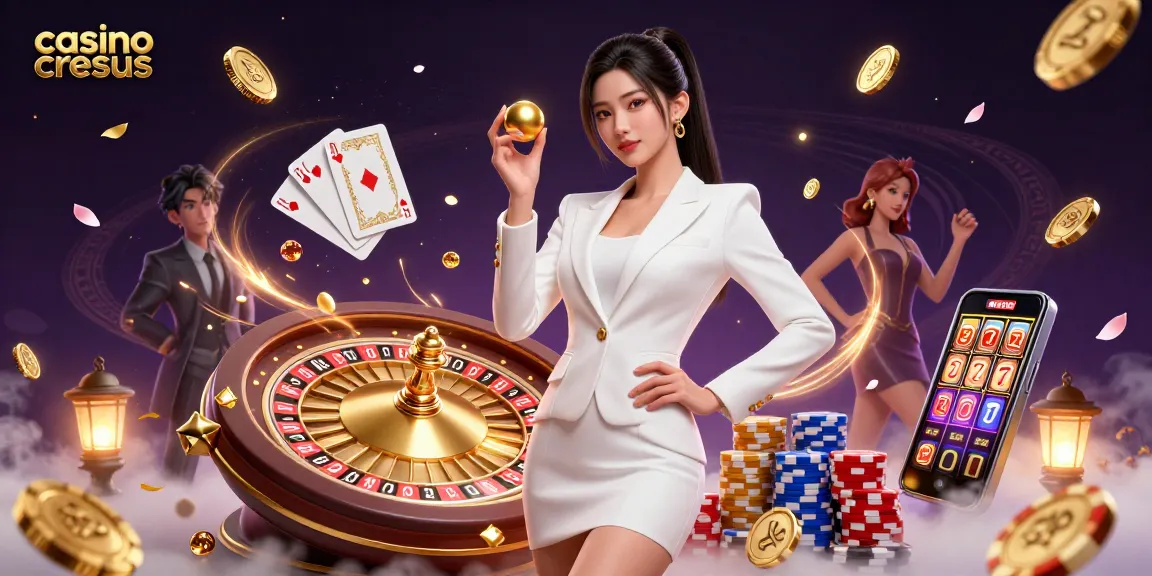 Vivez le frisson du casino cresus avec une stunning illustration 3D présentant une femme puissante en smoking, tenant une bille de roulette.