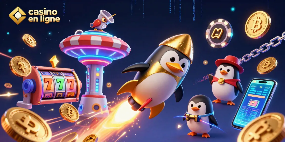 Plongez dans l'univers du casino en ligne avec un pingouin doré et des machines à sous flottantes.