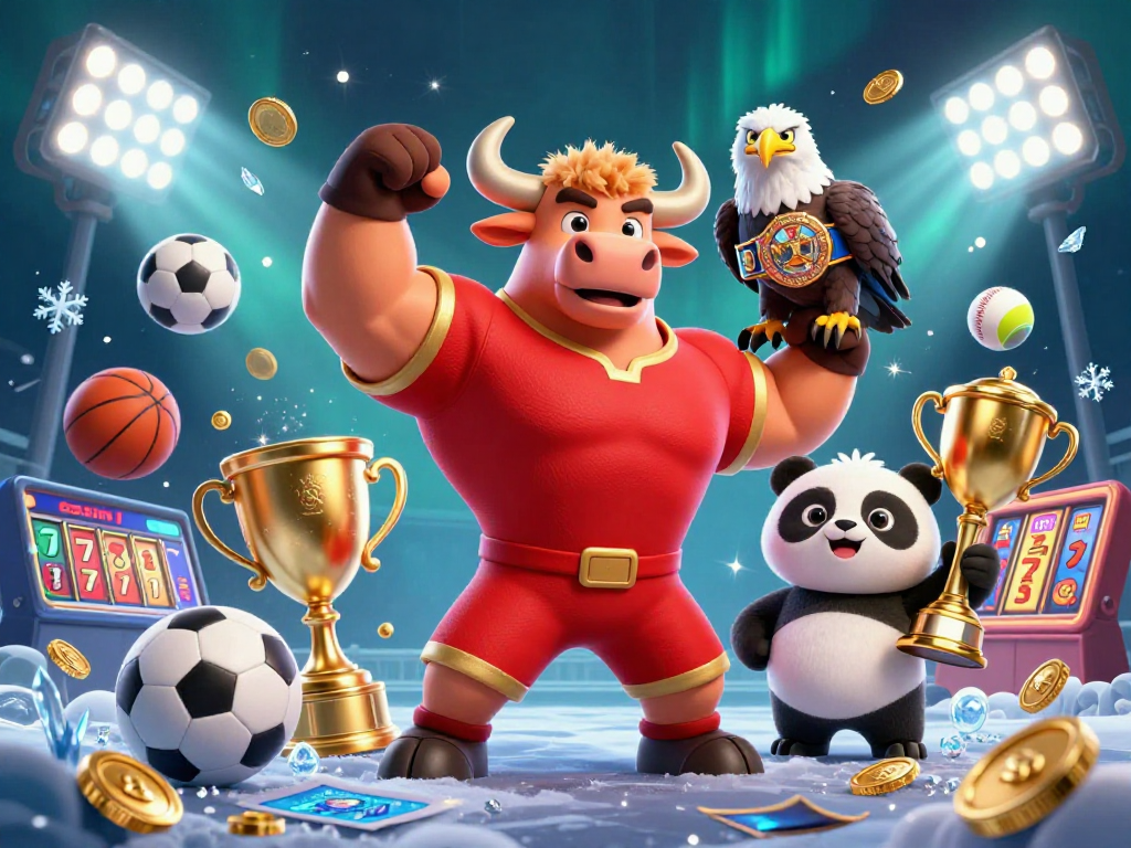 Engage in exciting casino action with a dynamic 3D illustration of a bull mascot celebrating victory alongside friends, amidst sport elements.