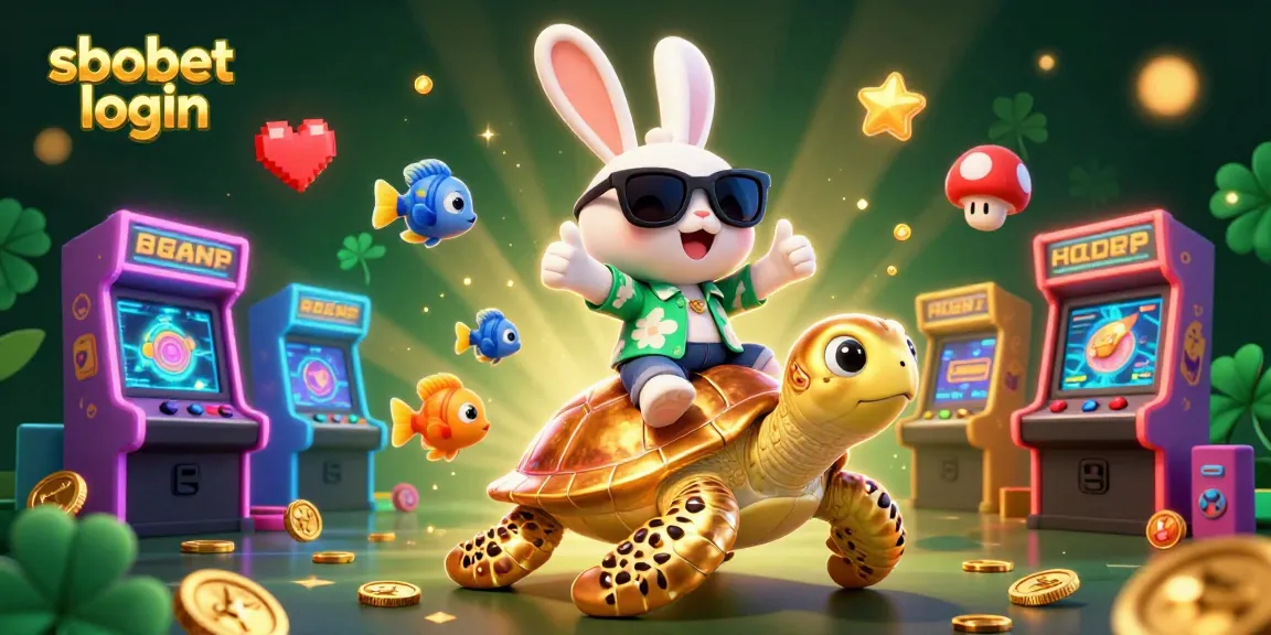 Experience sbobet login with our vibrant illustration featuring a lucky rabbit and golden turtle in an exciting casino context.