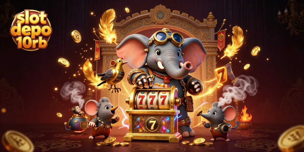 Experience the excitement of slot depo 10rb with a 3D steampunk elephant and a golden slot machine in action.