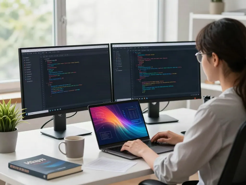 V2RayN software developer at a modern workspace with dual monitors and coding activities.
