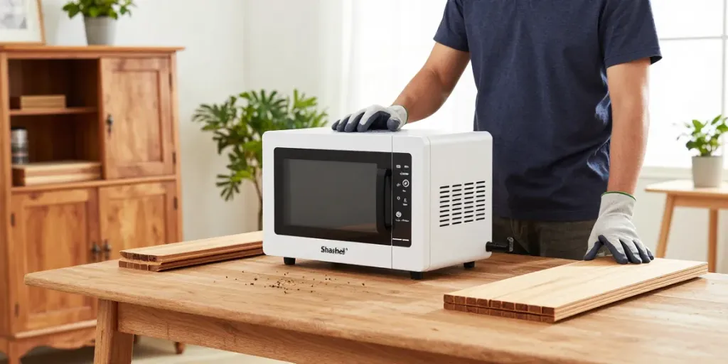 Technician using SHASHEL® microwave device for woodworm elimination in a cozy home setting.