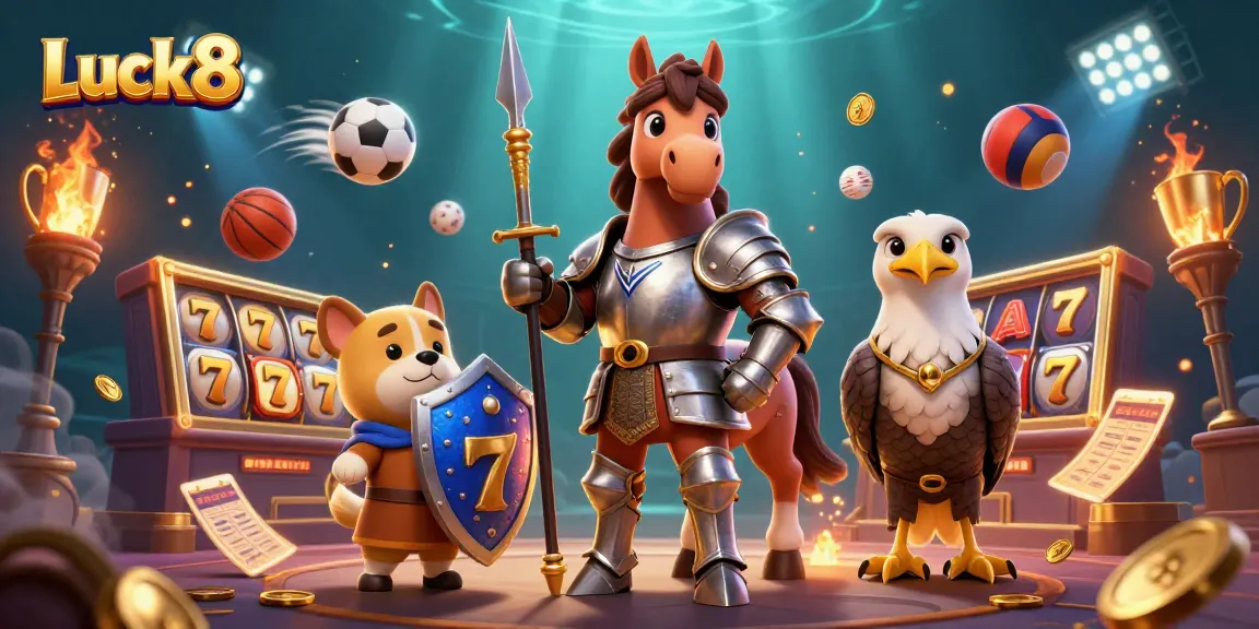 Experience thrilling gameplay at Luck8 with a vibrant casino scene featuring knights, sports elements, and golden rewards.