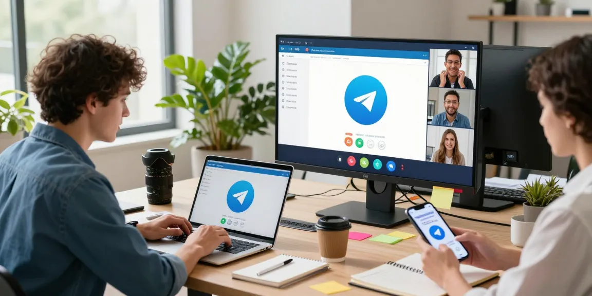 Vibrant workspace showing professionals using telegramin-cn.com for collaborative communication and digital interactions.
