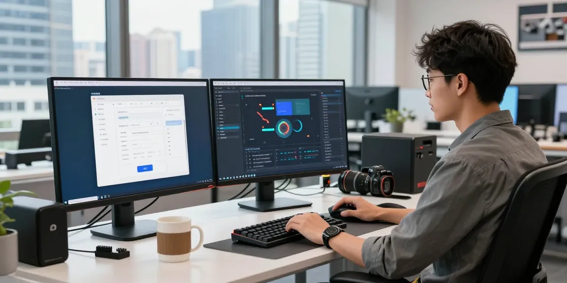 A young professional using 纸飞机中文版 in a modern tech workspace with multiple monitors and a city skyline.