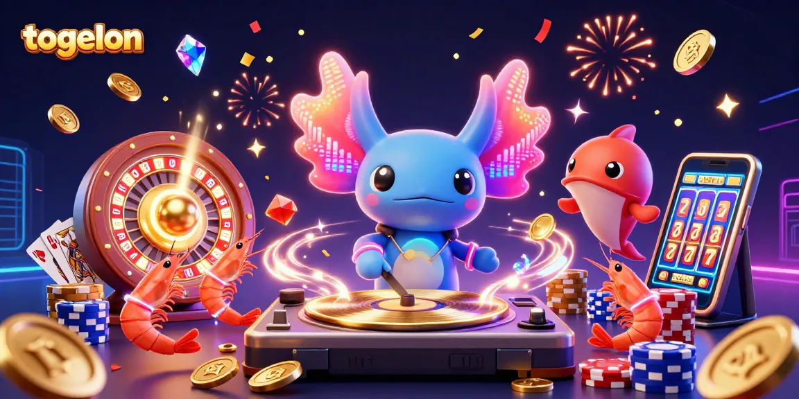 Engage with togelon through dynamic visuals of an axolotl DJ spinning vibrant casino elements.